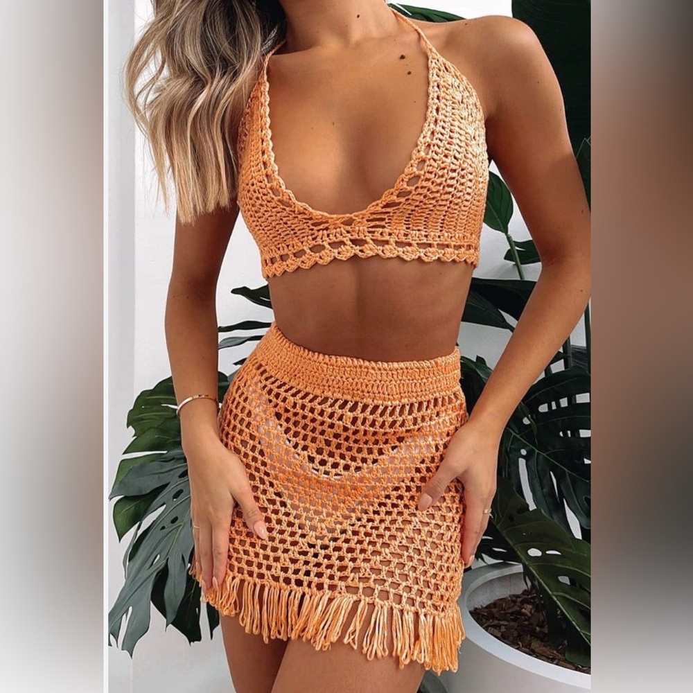 WHITE FOX Crochet Beach set small s swim cover up m l orange skirt triangle top